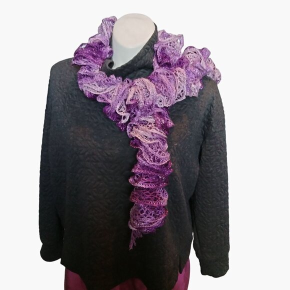 Handmade Purple Ruffle Scarf 4x56 I Lightweight Crochet Lace Boho Festival - Picture 1 of 4